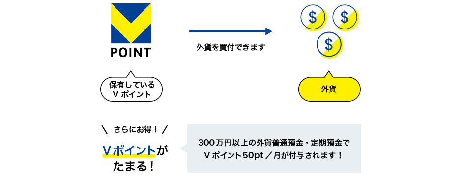 さらにお得！Vポイントがたまる！300万円以上の外貨普通預金・定期預金でVポイント50pt/月が付与されます！
